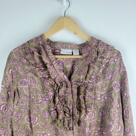 Soft Surroundings Floral Ruffle Button Up Blouse Long Sleeve Size L - Picture 2 of 5